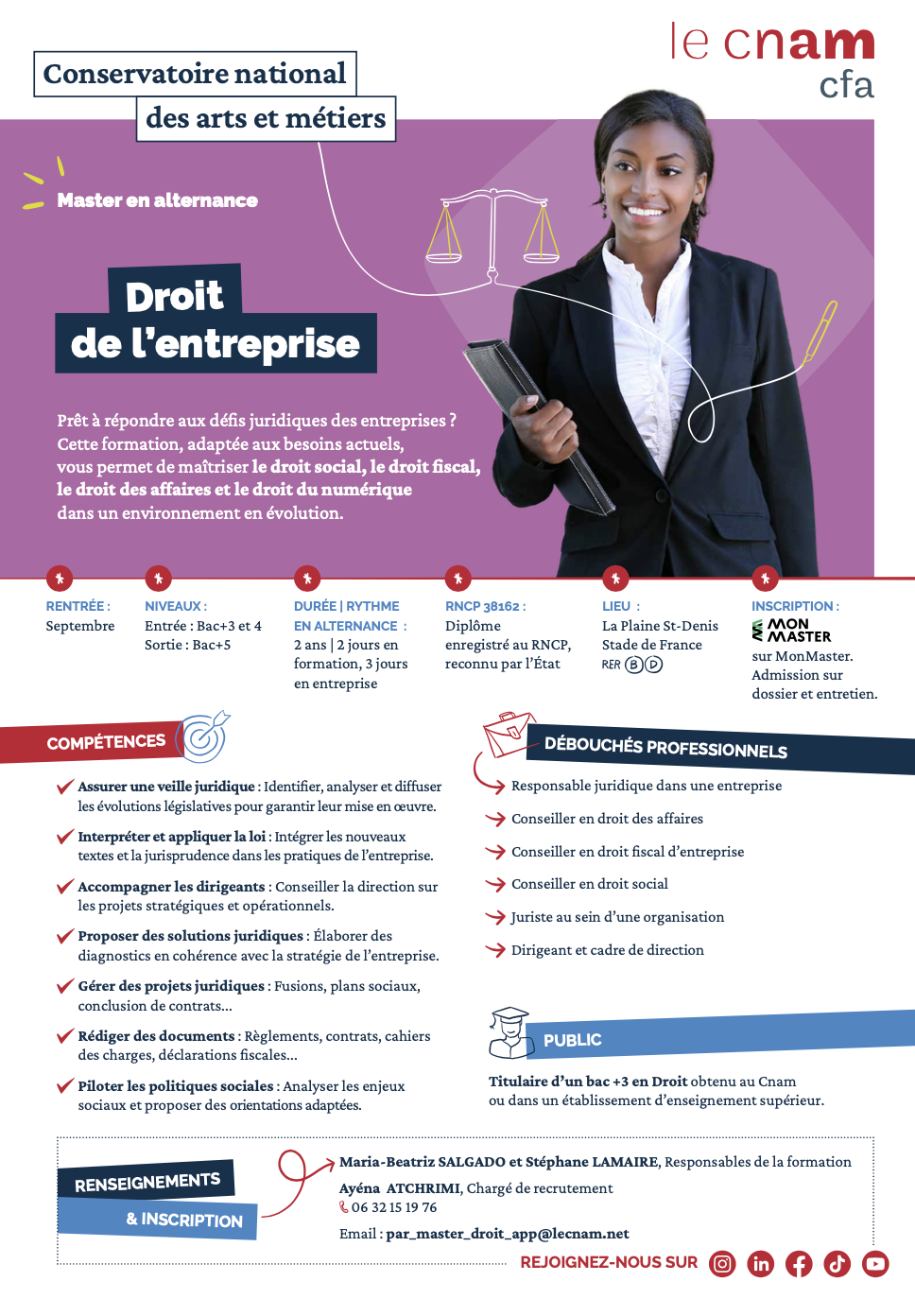 Fiche formation Droit de l'entreprise juriste en alternance CFA Cnam Saint Denis