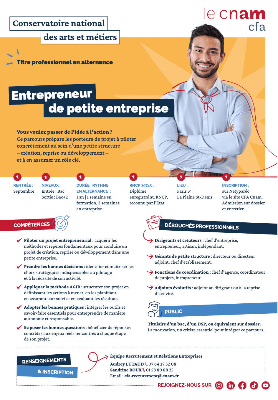 Télécharger Fiche formation Entrepreneur alternance CFA Cnam Saint Denis